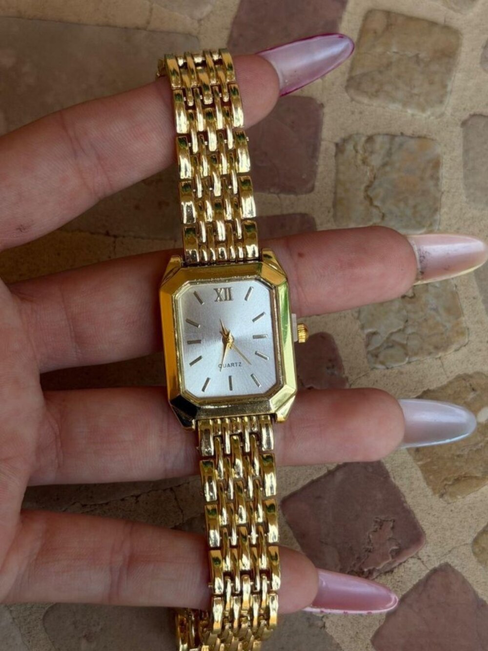 Gold-Tone Rectangular Watch with Roman Numeral Dial, Multi-Link Bracelet